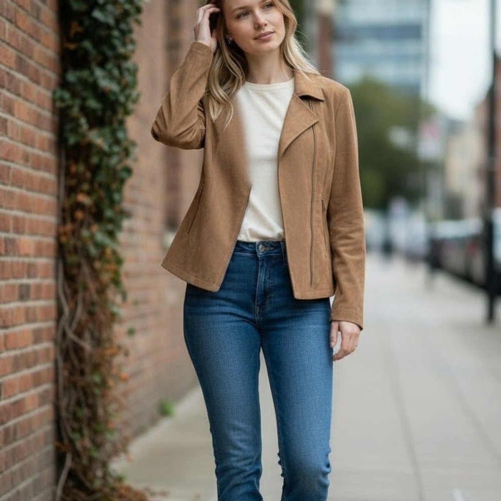 I.N. Studio Faux Suede Blazer Jacket Women's‎ Size 14 Tan Full Zip